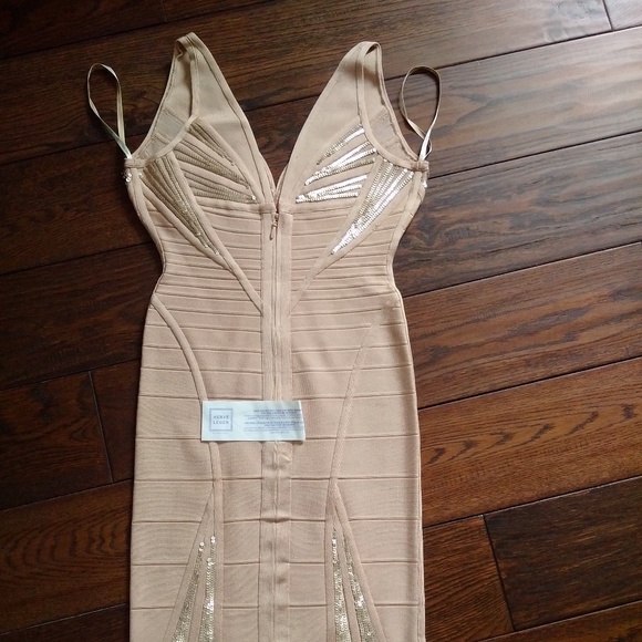 NWT Herve Leger Christy Leather Sequin Sunburst Beaded Rose blush Dress S - Picture 4 of 7